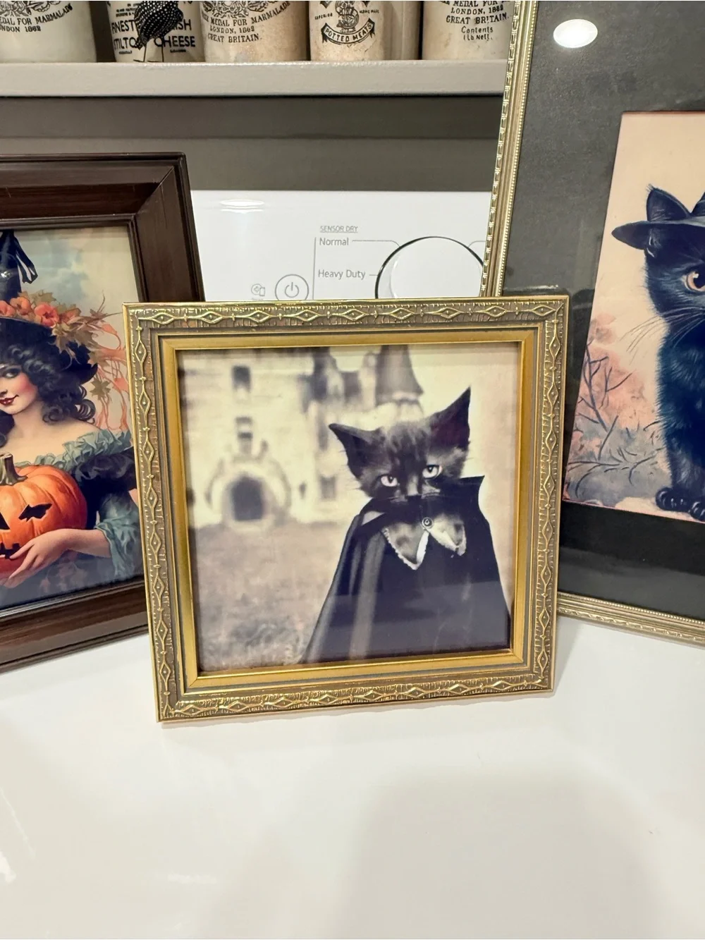Vintage Framed Black Cat Halloween Decor- Set of 4